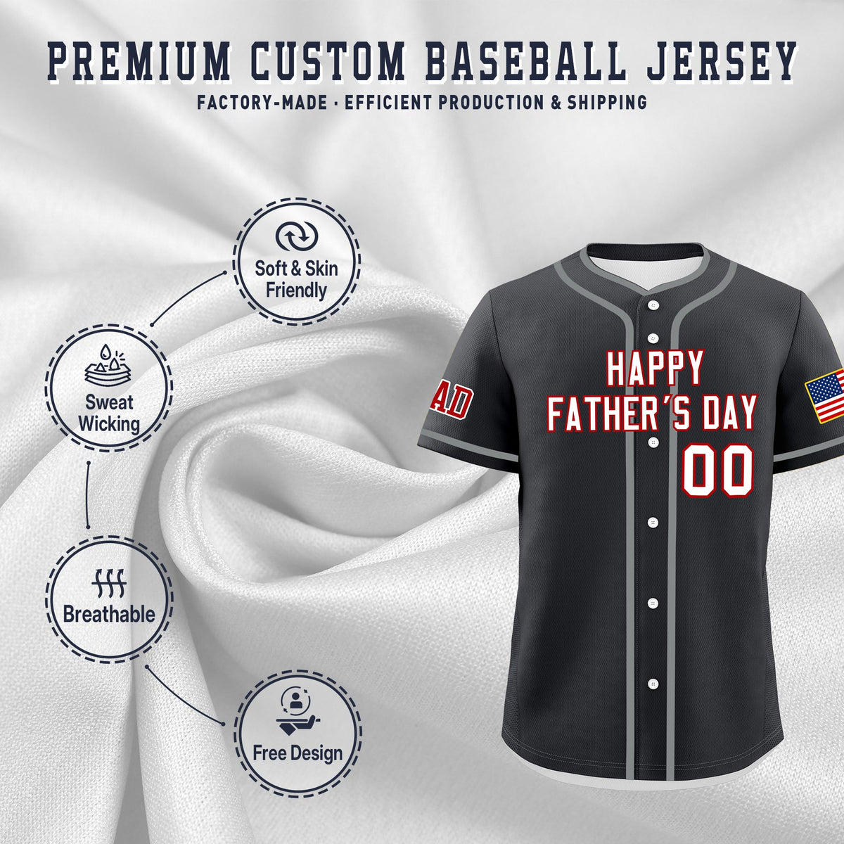 Custom Dark Gray White Red Classic Style Father's Day Quick Dry Baseball Jersey| KXKSHOP