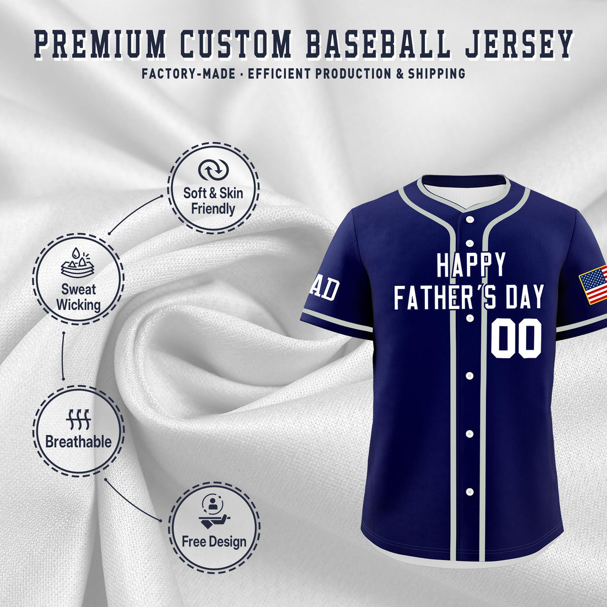 Custom Dark Blue White Classic Style Father's Day Quick Dry Baseball Jersey| KXKSHOP