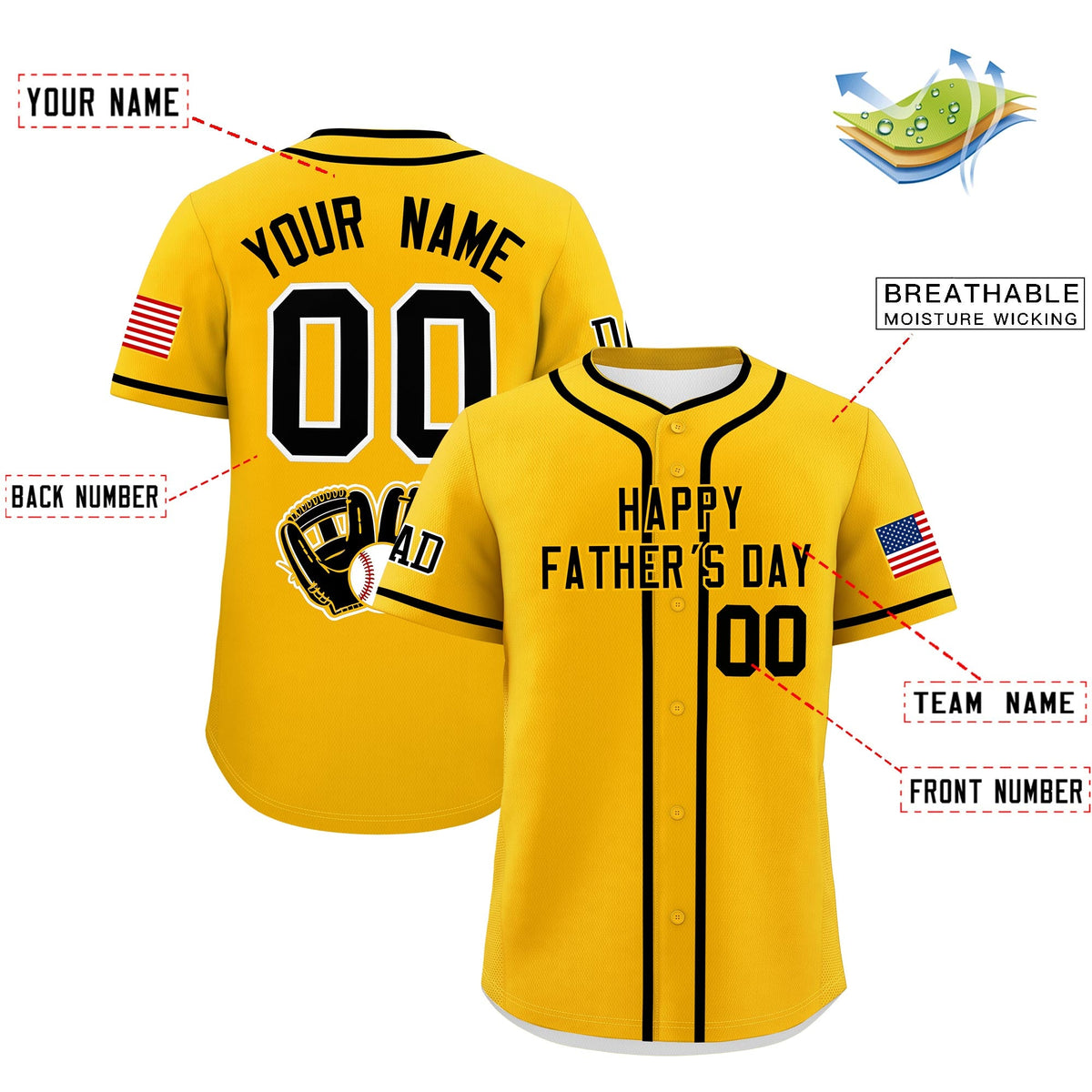 Custom Yellow Black Classic Style Father's Day Quick Dry Baseball Jersey| KXKSHOP