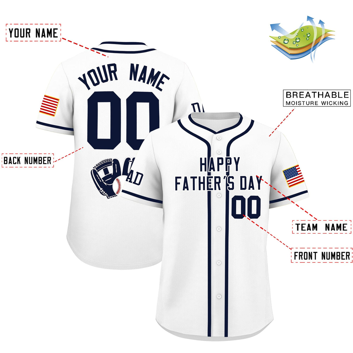 Custom White Navy Classic Style Father's Day Quick Dry Baseball Jersey| KXKSHOP