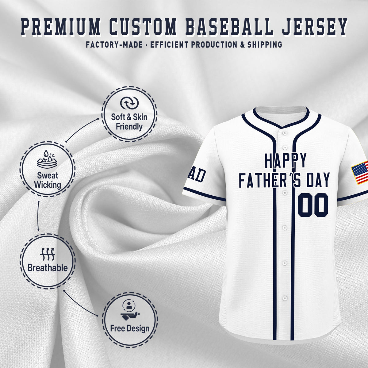 Custom White Navy Classic Style Father's Day Quick Dry Baseball Jersey| KXKSHOP