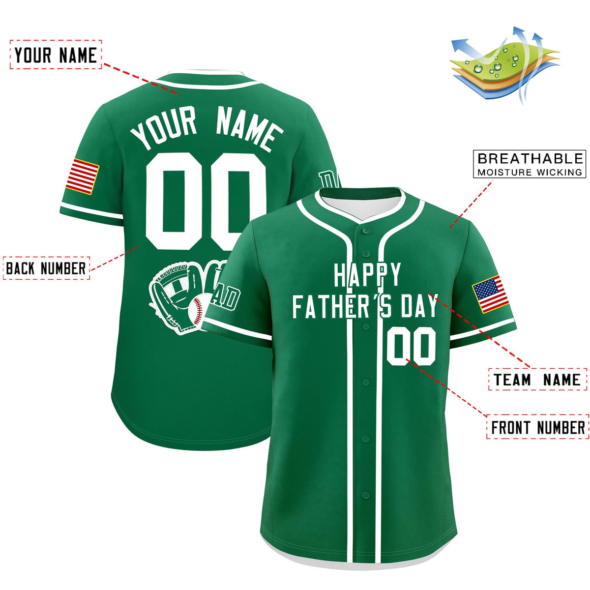 Custom Kelly Green White Classic Style Father's Day Quick Dry Baseball Jersey| KXKSHOP