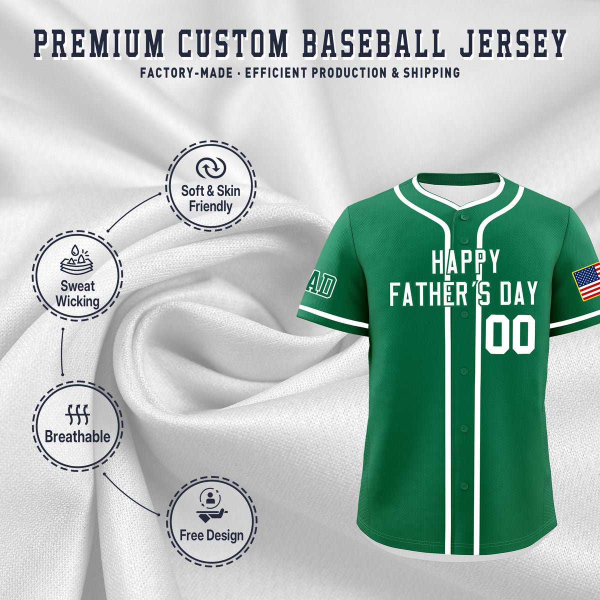 Custom Kelly Green White Classic Style Father's Day Quick Dry Baseball Jersey| KXKSHOP