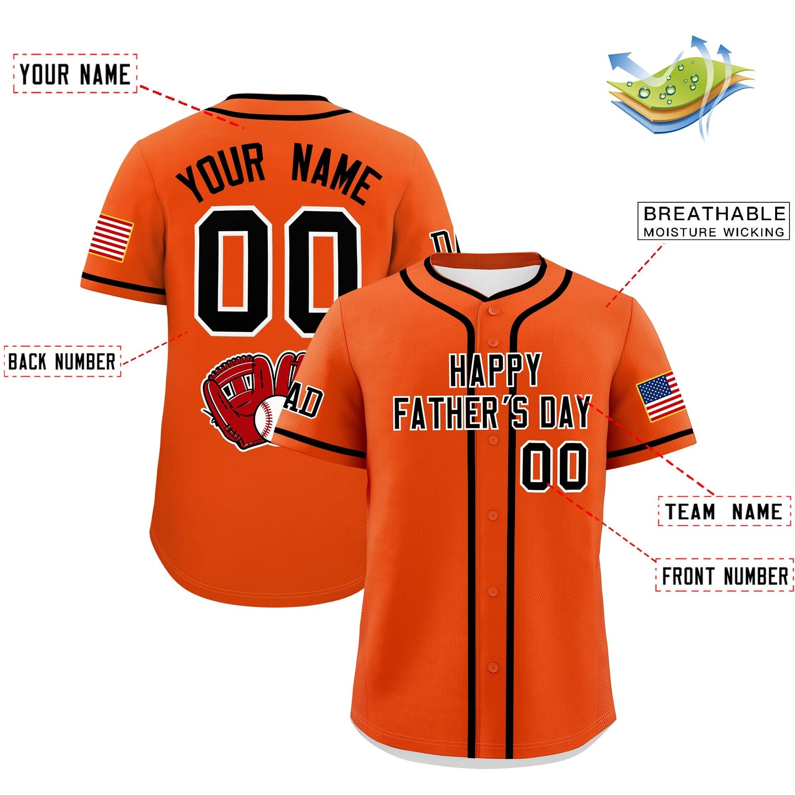 Custom Orange Black White Classic Style Father's Day Quick Dry Baseball Jersey| KXKSHOP