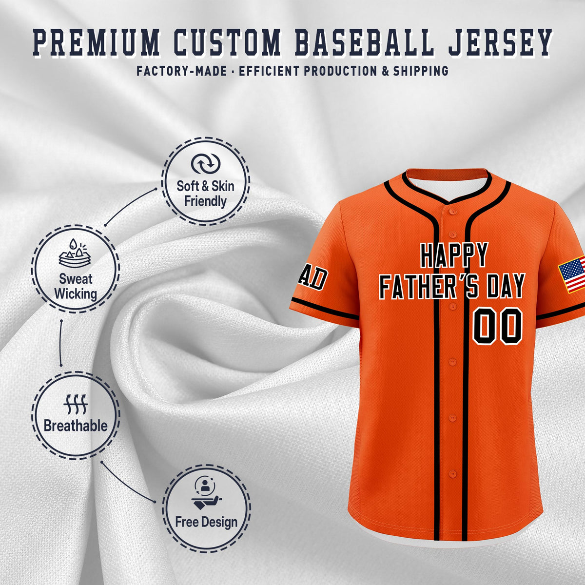 Custom Orange Black White Classic Style Father's Day Quick Dry Baseball Jersey| KXKSHOP