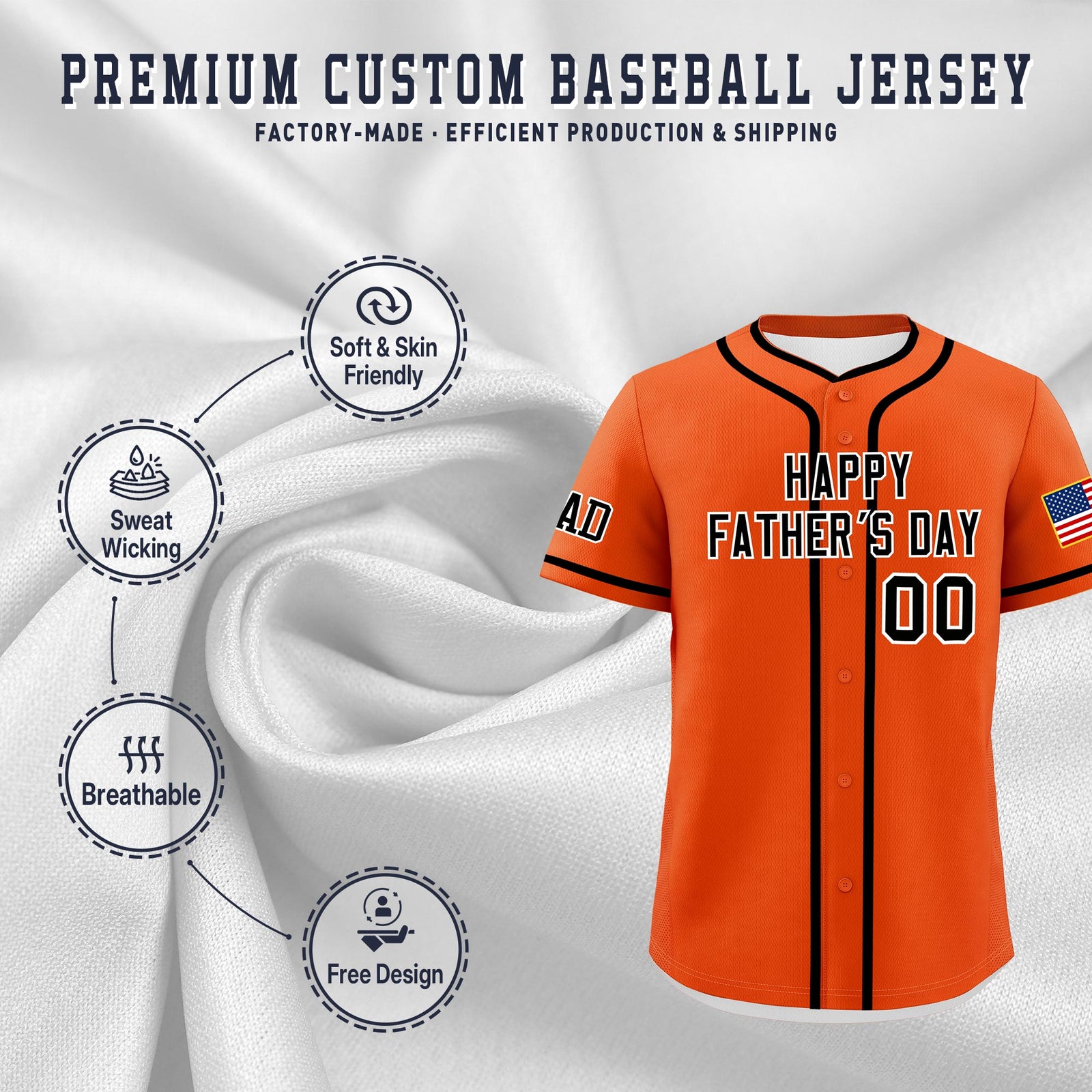 Custom Orange Black White Classic Style Father's Day Quick Dry Baseball Jersey| KXKSHOP