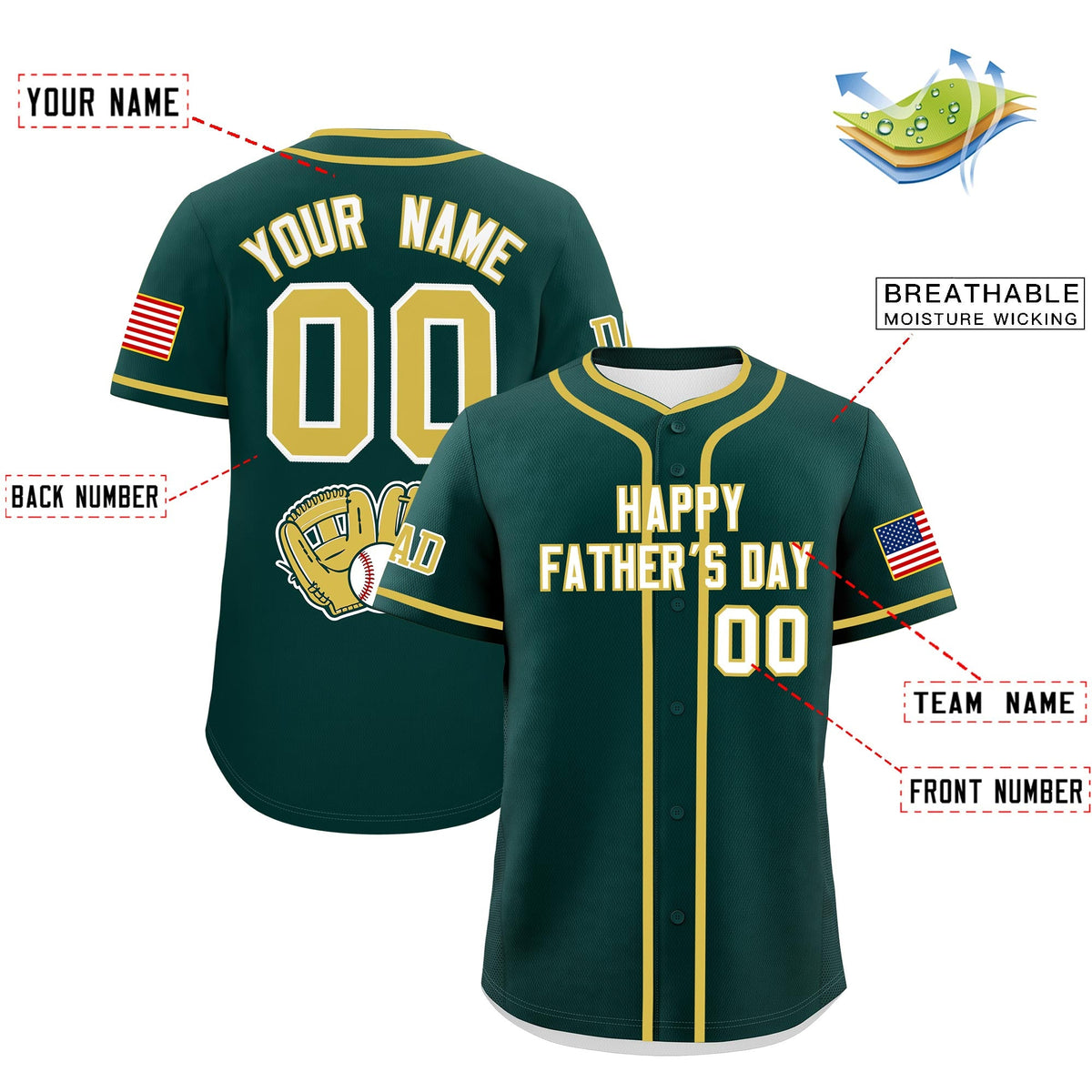 Custom Dark Green White Old Gold Classic Style Father's Day Quick Dry Baseball Jersey| KXKSHOP
