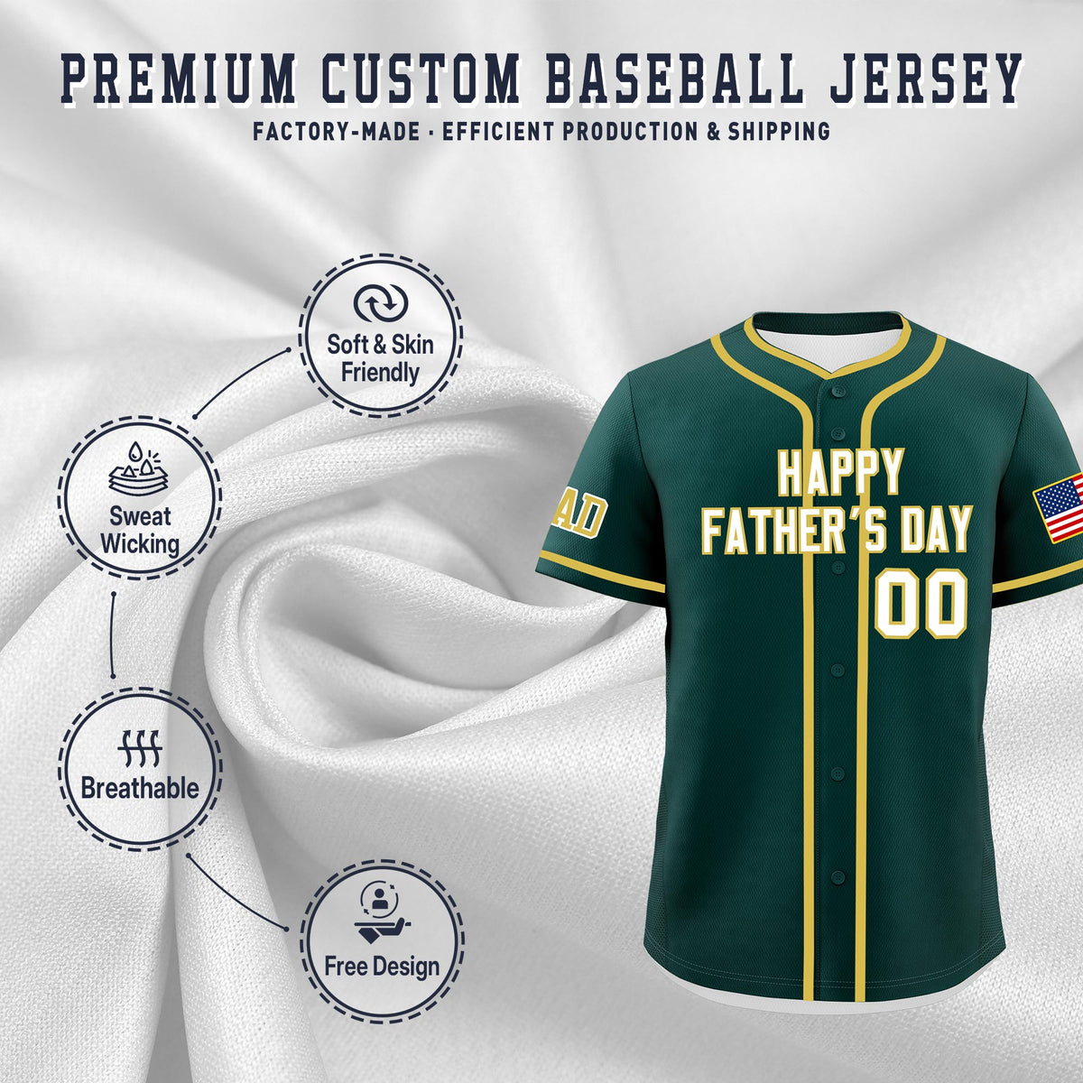 Custom Dark Green White Old Gold Classic Style Father's Day Quick Dry Baseball Jersey| KXKSHOP