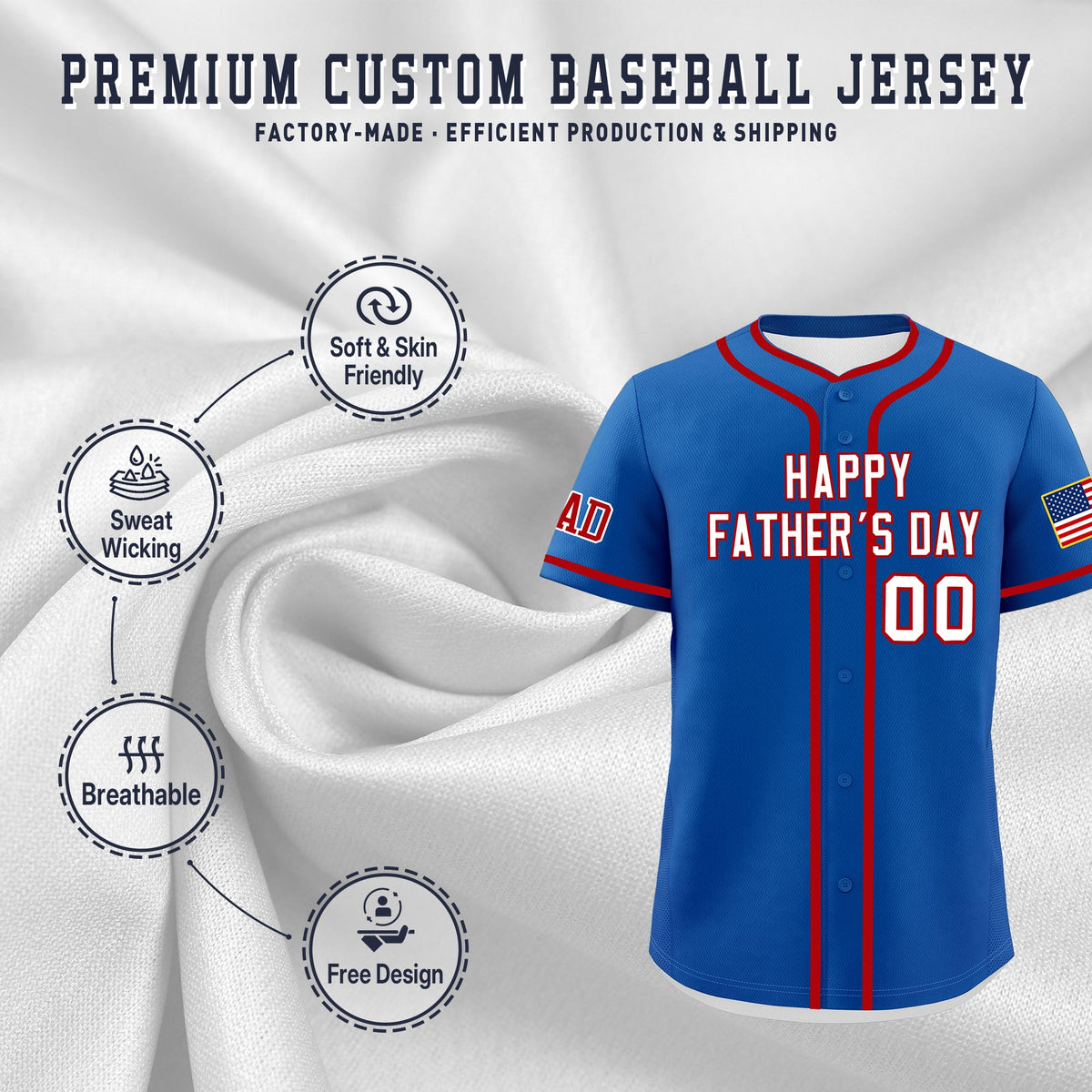 Custom Royal White Red Classic Style Father's Day Quick Dry Baseball Jersey| KXKSHOP