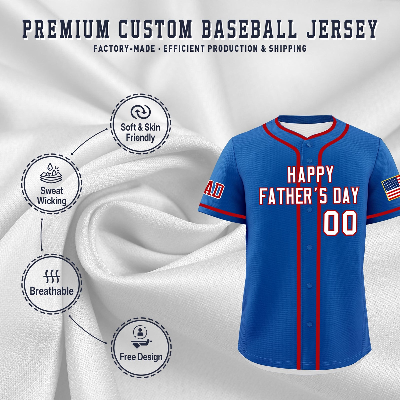 Custom Royal White Red Classic Style Father's Day Quick Dry Baseball Jersey| KXKSHOP