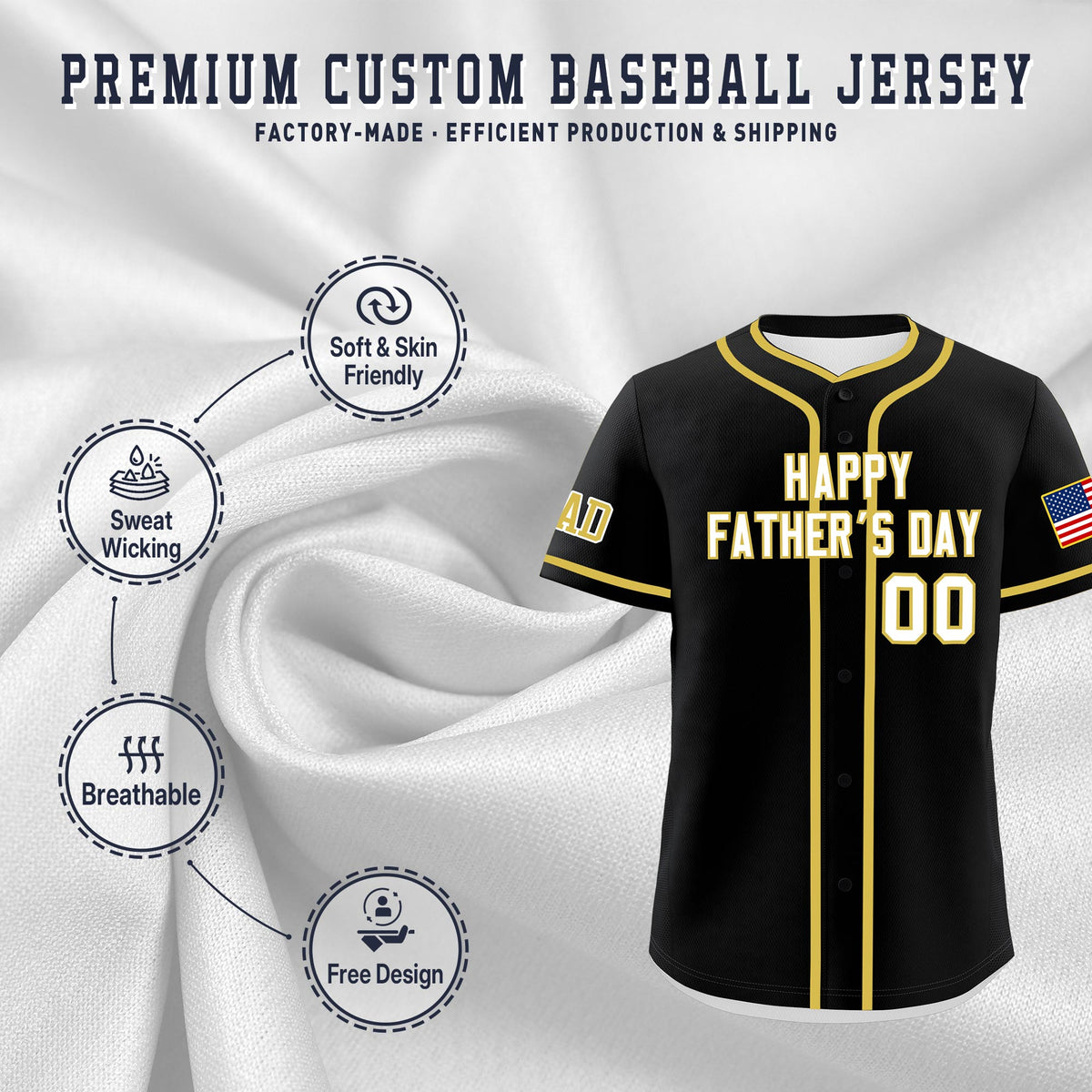 Custom Black White Old Gold Classic Style Father's Day Quick Dry Baseball Jersey| KXKSHOP