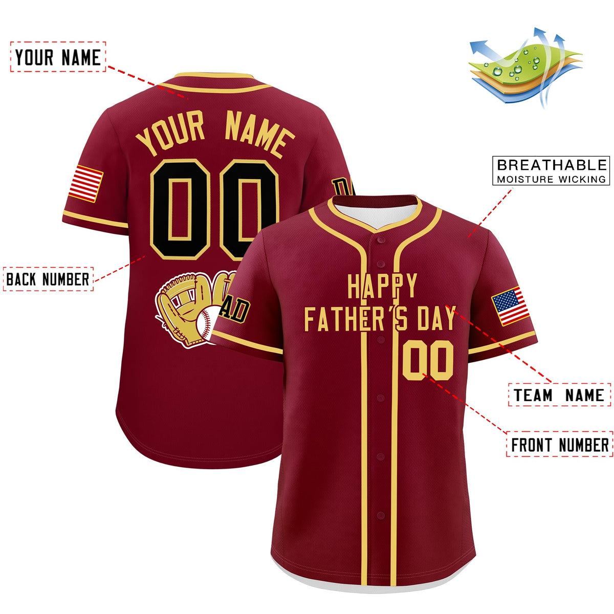 Custom Crimson Khaki Classic Style Father's Day Quick Dry Baseball Jersey| KXKSHOP