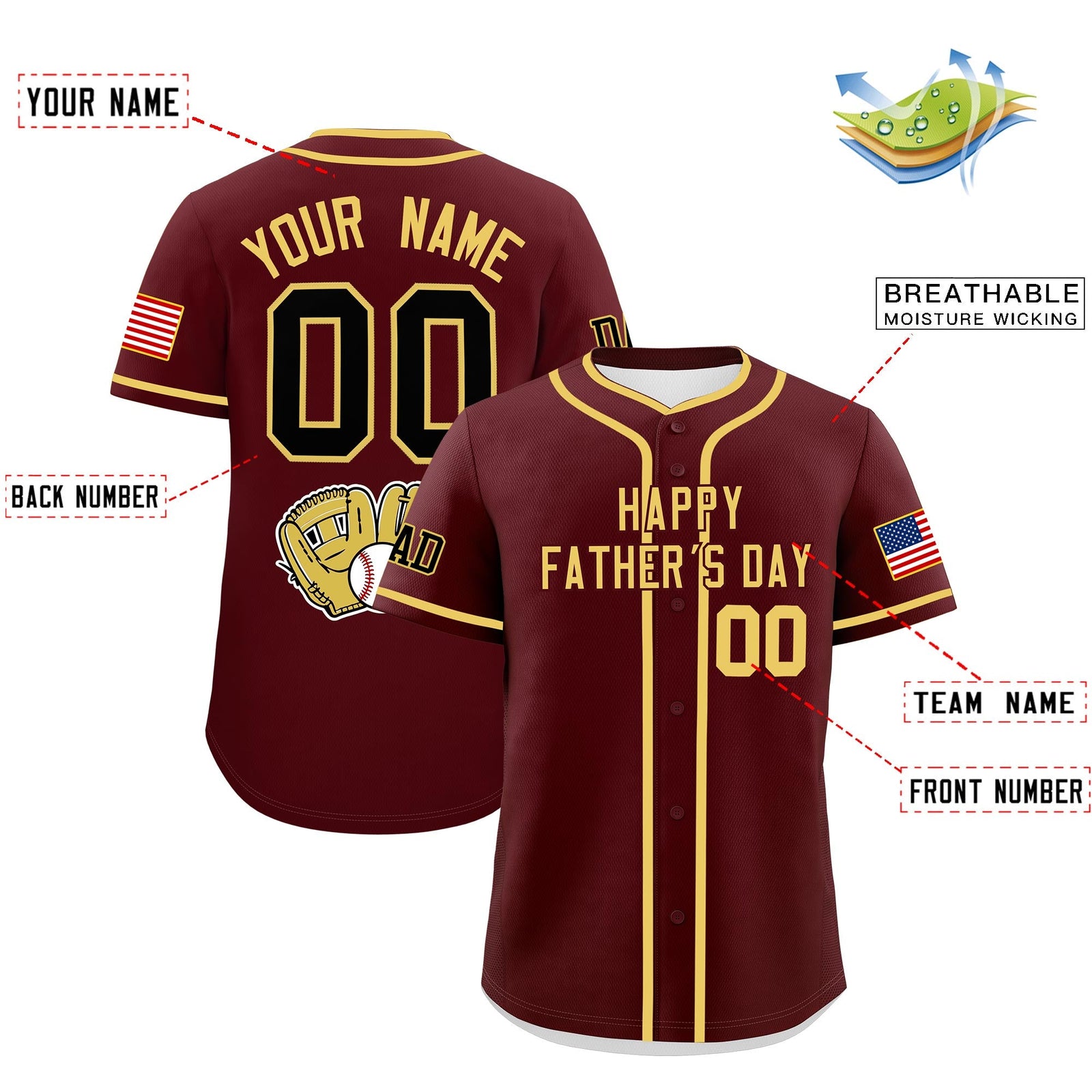 Custom Burgundy Khaki Classic Style Father's Day Quick Dry Baseball Jersey| KXKSHOP