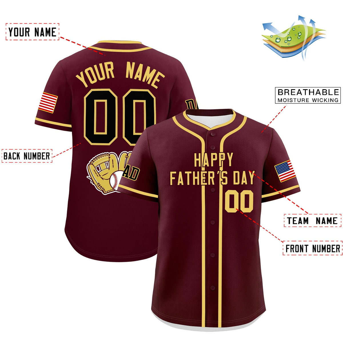 Custom Crimson Khaki Classic Style Father's Day Quick Dry Baseball Jersey| KXKSHOP