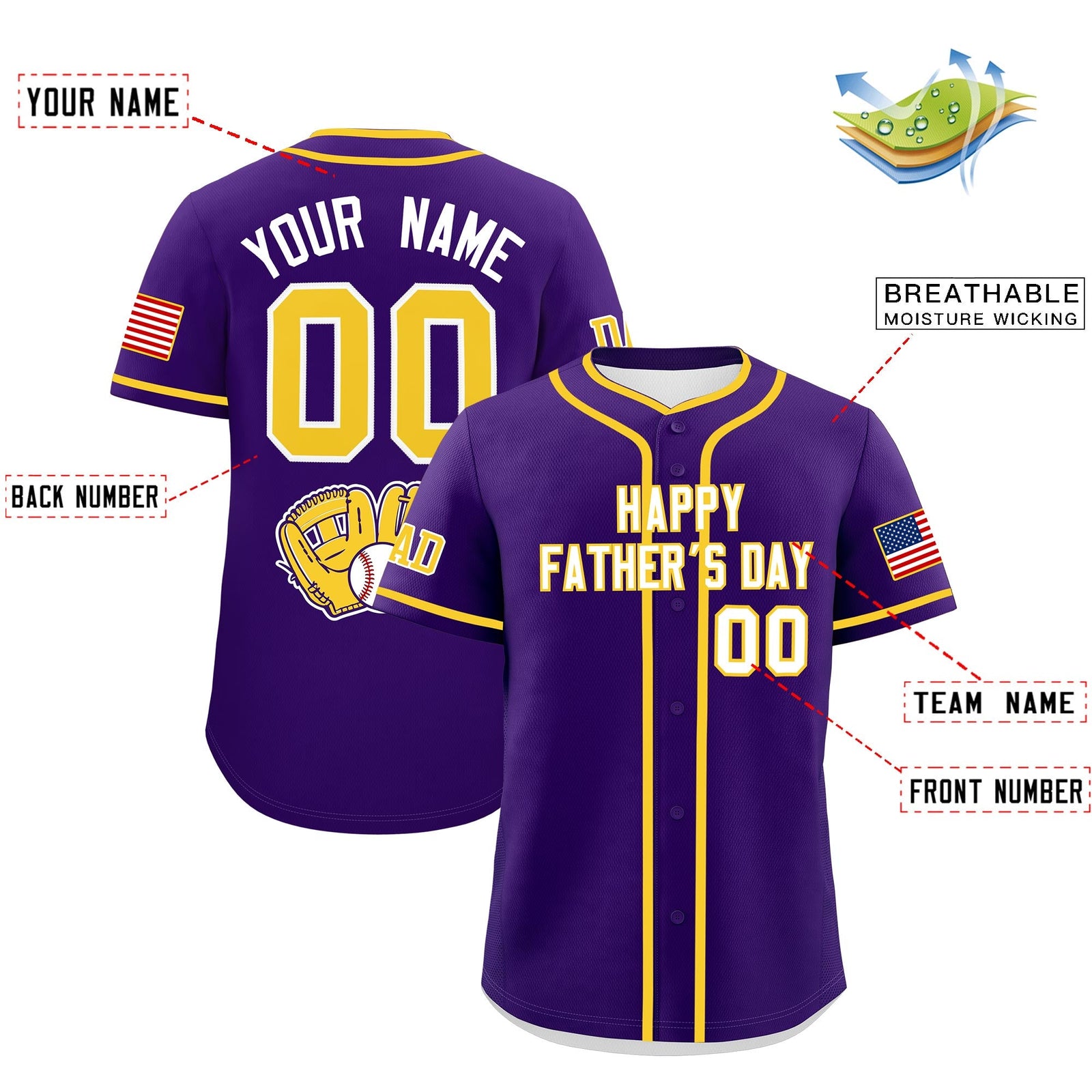 Custom Purple White Gold Classic Style Father's Day Quick Dry Baseball Jersey| KXKSHOP