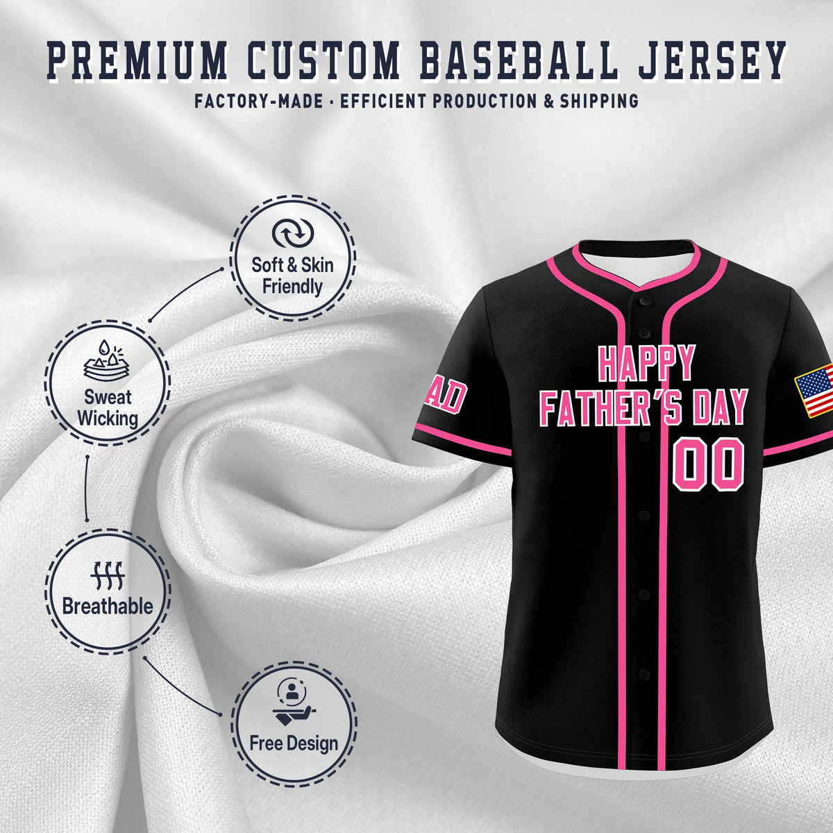 Custom Black Pink White Classic Style Father's Day Quick Dry Baseball Jersey| KXKSHOP