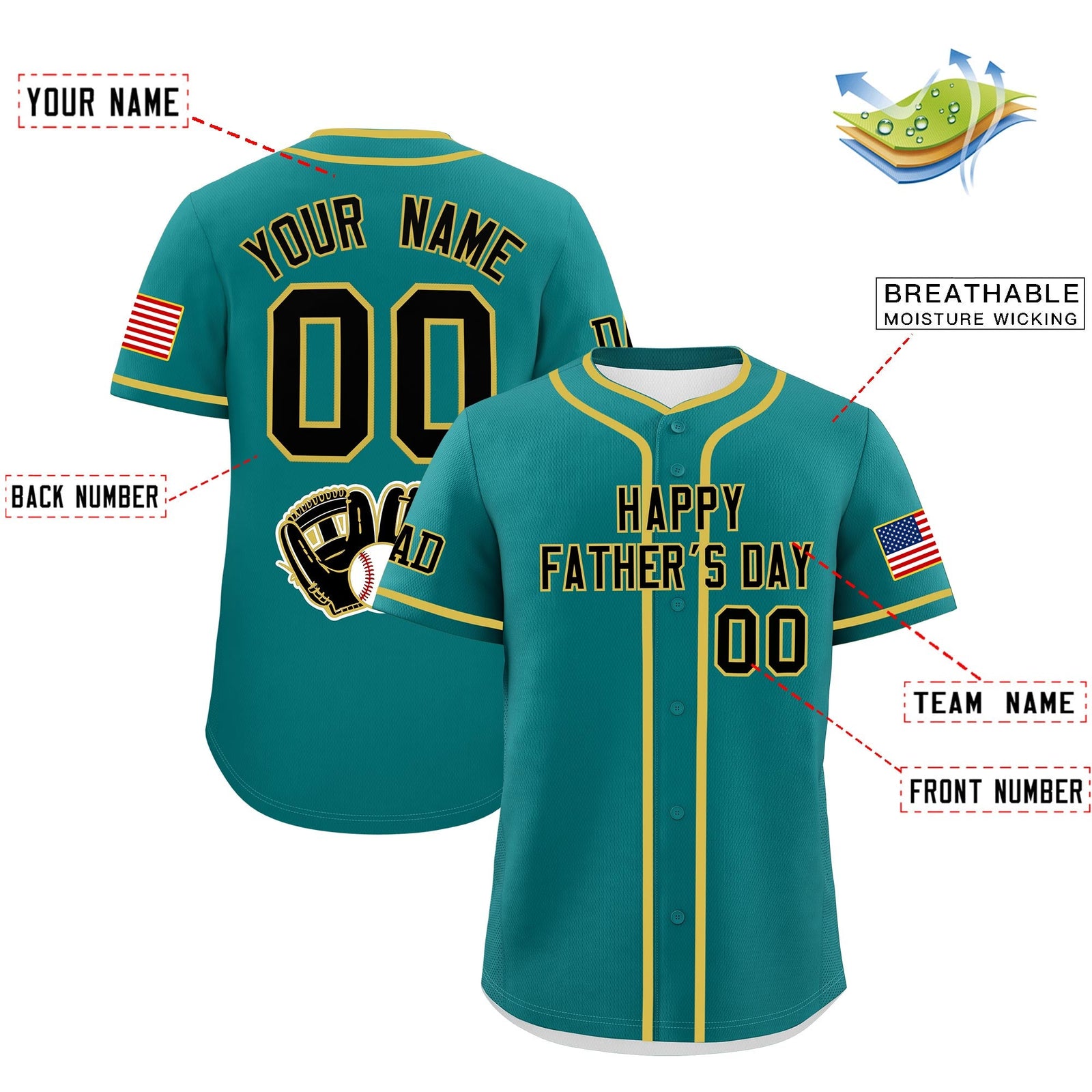 Custom Teal Black Old Gold Classic Style Father's Day Quick Dry Baseball Jersey| KXKSHOP