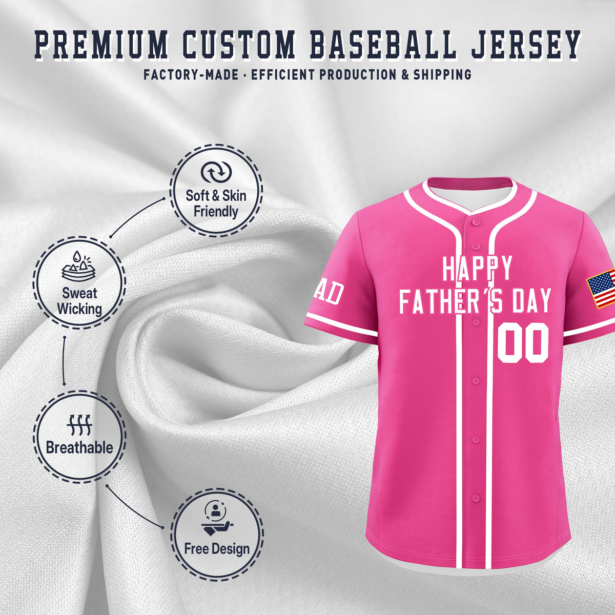 Custom Pink White Classic Style Father's Day Quick Dry Baseball Jersey| KXKSHOP