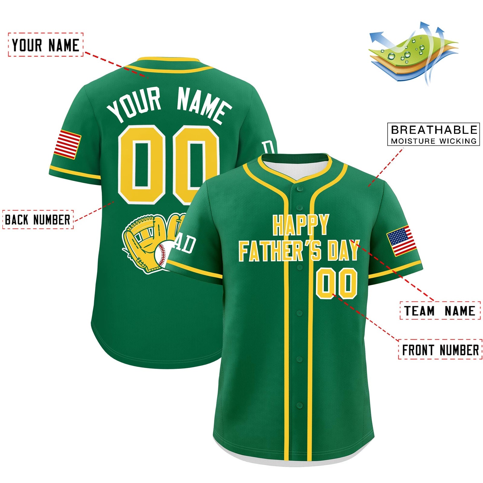 Custom Kelly Green Gold White Classic Style Father's Day Quick Dry Baseball Jersey| KXKSHOP