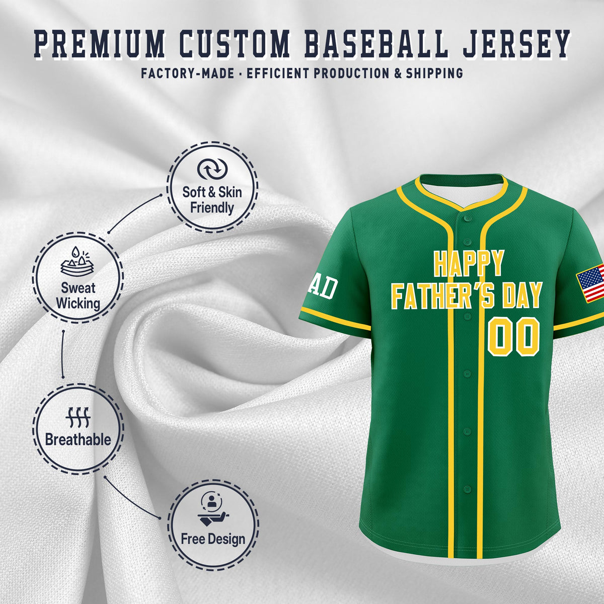 Custom Kelly Green Gold White Classic Style Father's Day Quick Dry Baseball Jersey| KXKSHOP