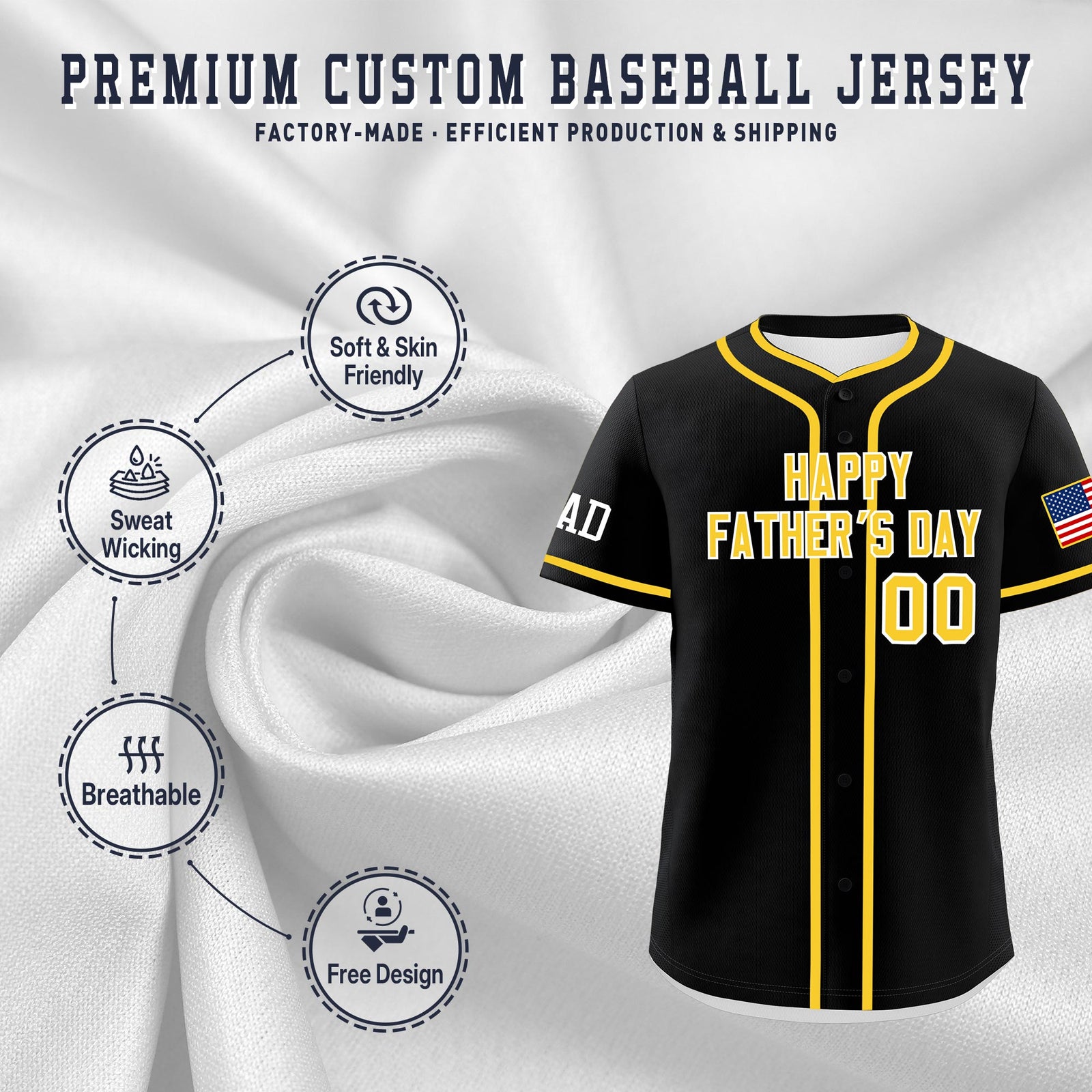 Custom Black Gold White Classic Style Father's Day Quick Dry Baseball Jersey| KXKSHOP