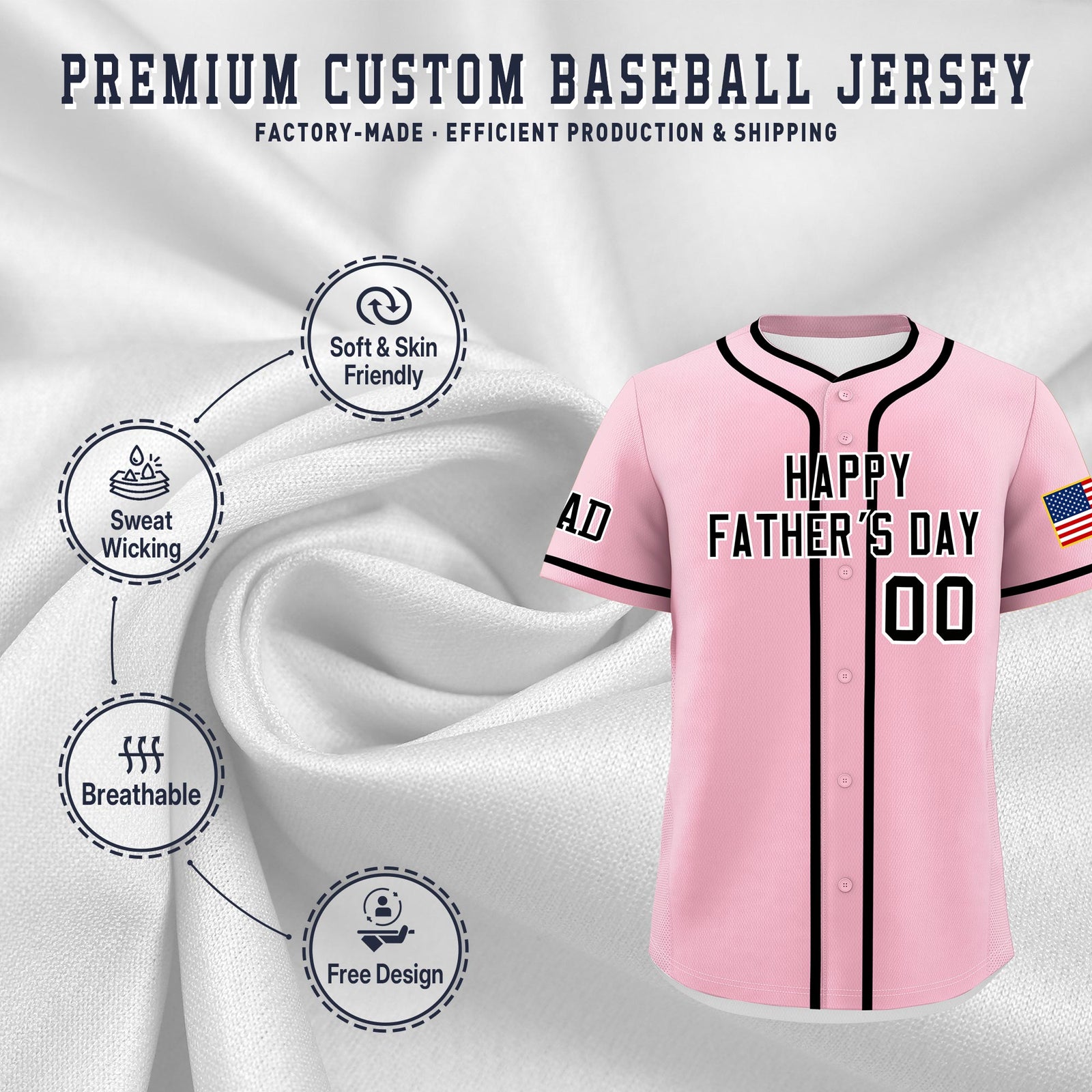 Custom Light Pink Black White Classic Style Father's Day Quick Dry Baseball Jersey| KXKSHOP