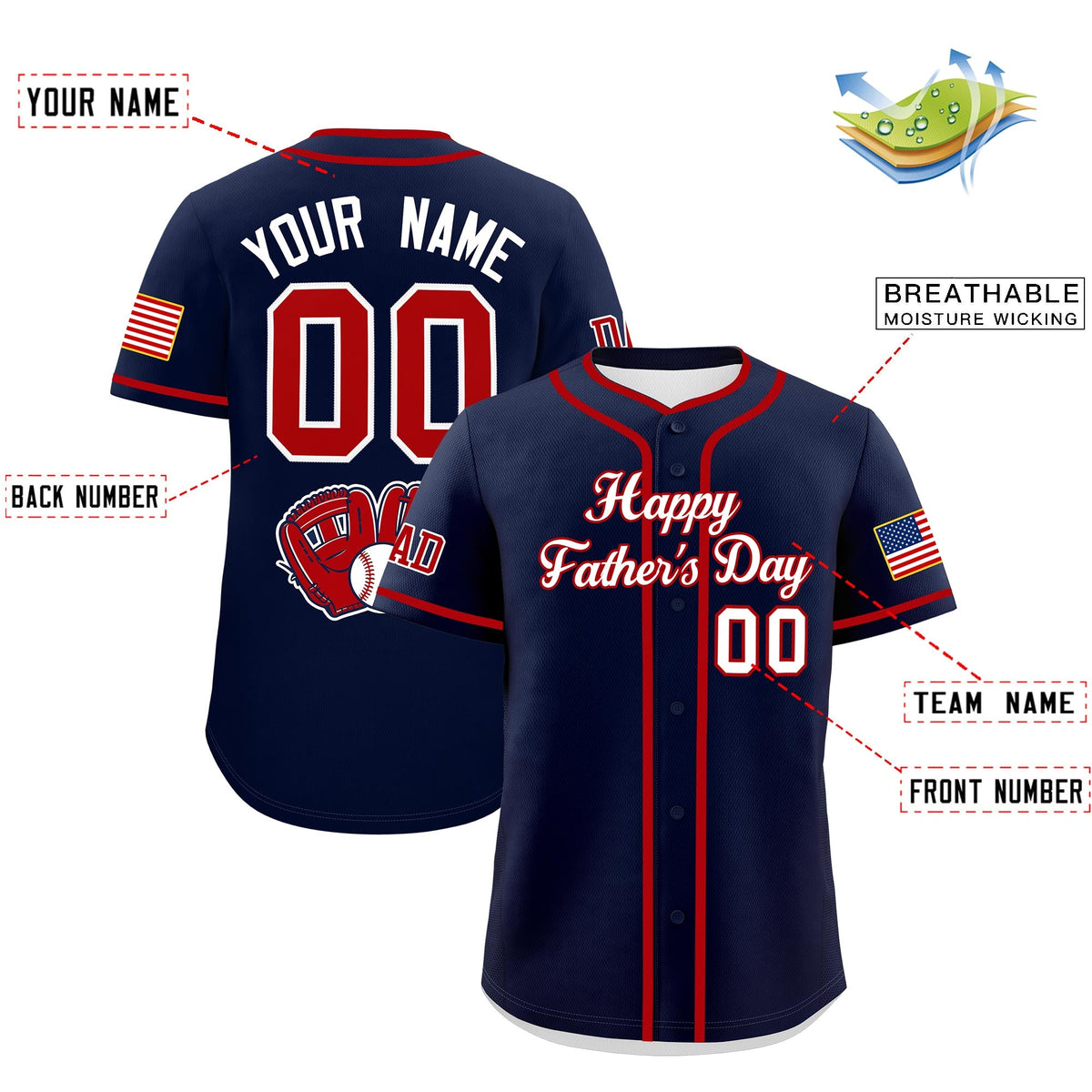 Custom Navy White Red Classic Style Father's Day Quick Dry Baseball Jersey| KXKSHOP