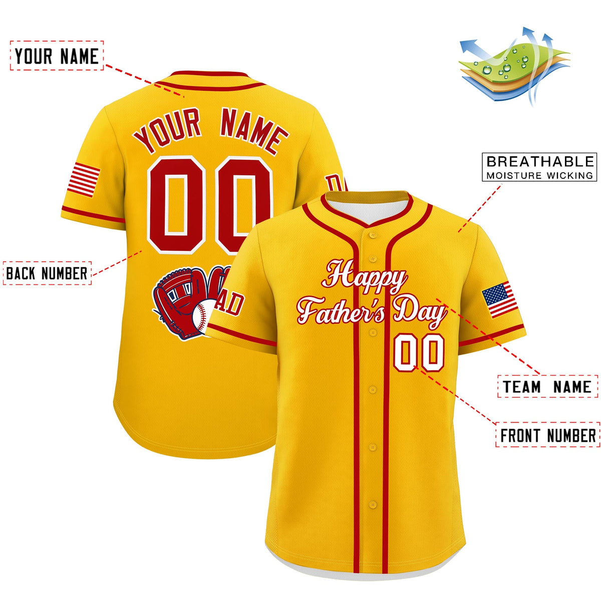 Custom Yellow White Red Classic Style Father's Day Quick Dry Baseball Jersey| KXKSHOP