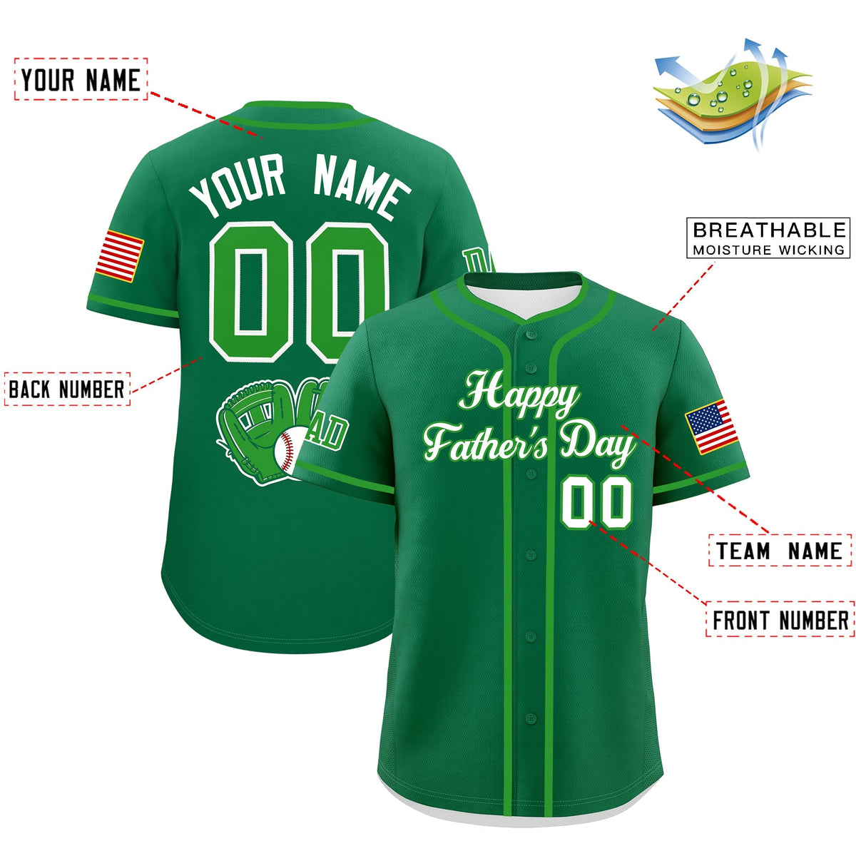 Custom Kelly Green White Light Green Classic Style Father's Day Quick Dry Baseball Jersey| KXKSHOP