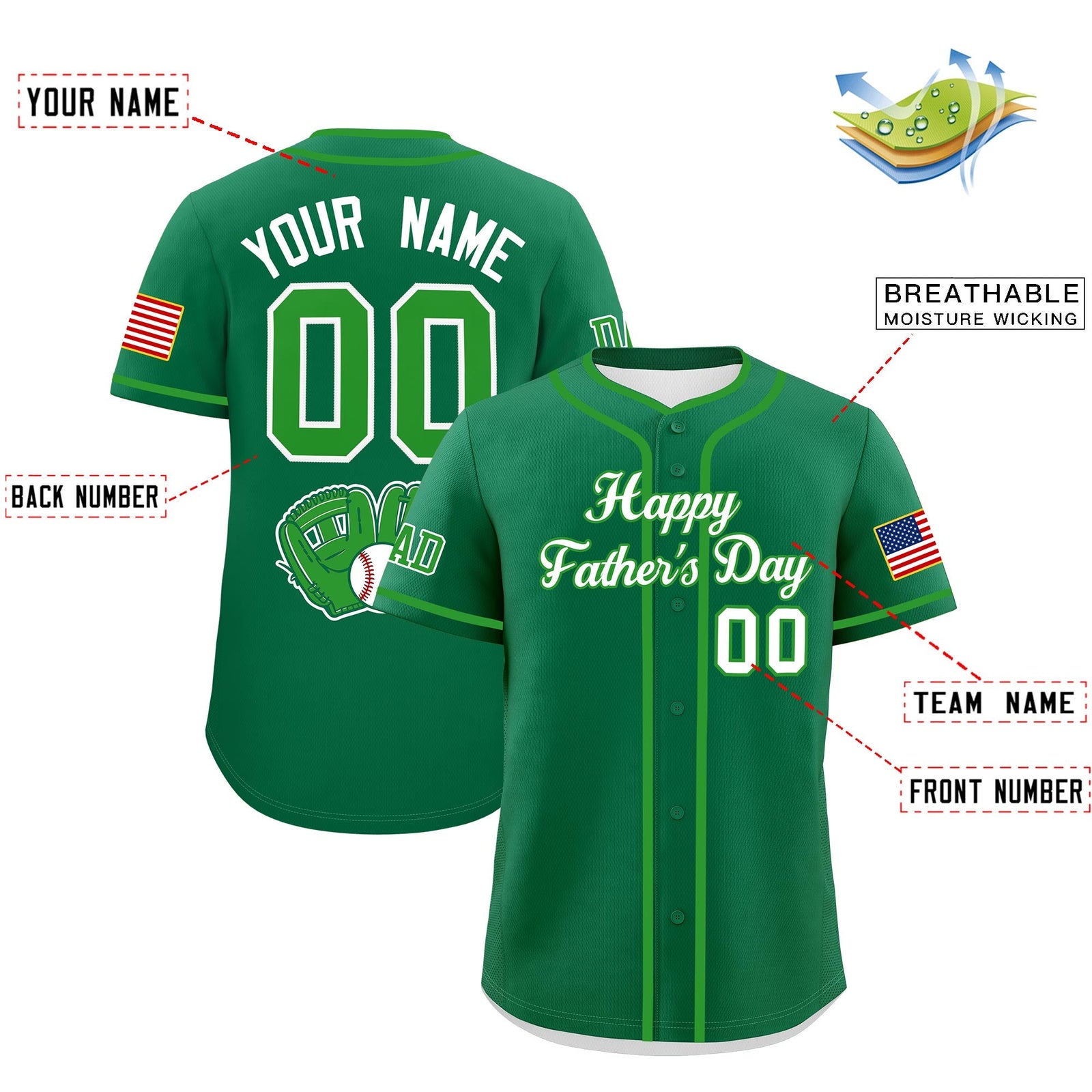 Custom Kelly Green White Light Green Classic Style Father's Day Quick Dry Baseball Jersey| KXKSHOP