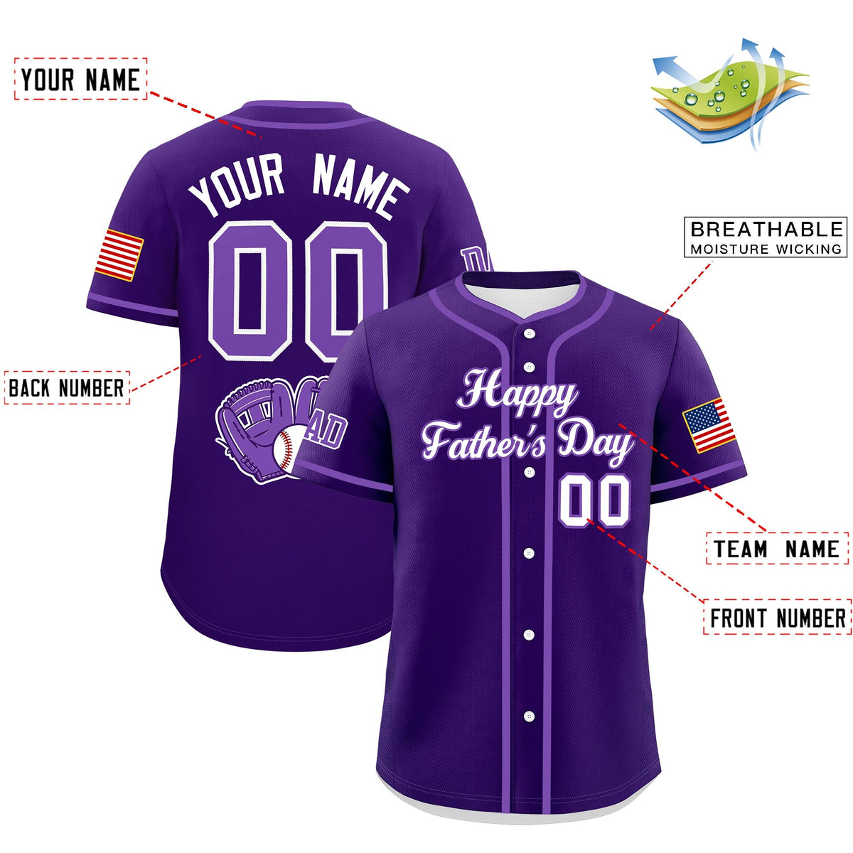 Custom Purple White Classic Style Father's Day Quick Dry Baseball Jersey| KXKSHOP