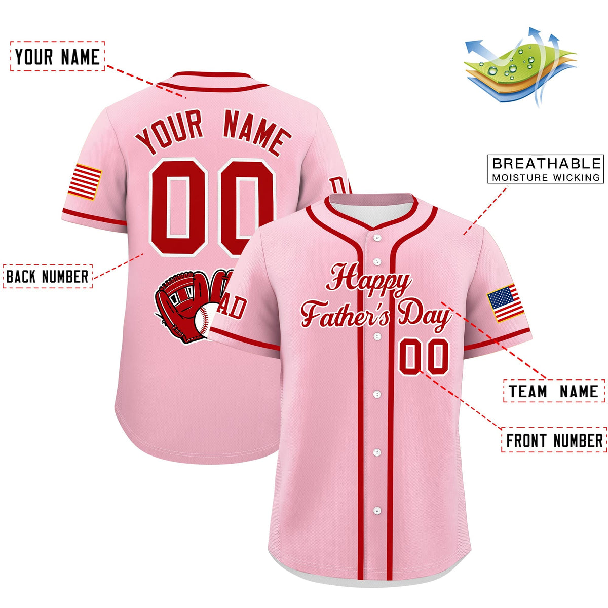 Custom Light Pink Red White Classic Style Father's Day Quick Dry Baseball Jersey| KXKSHOP