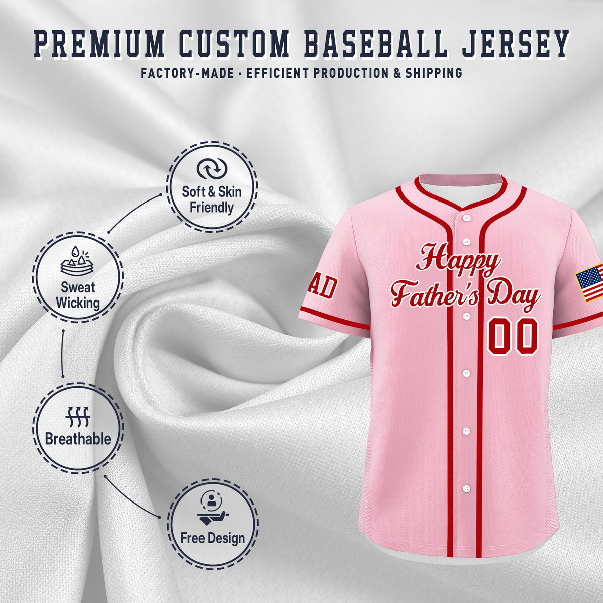 Custom Light Pink Red White Classic Style Father's Day Quick Dry Baseball Jersey| KXKSHOP
