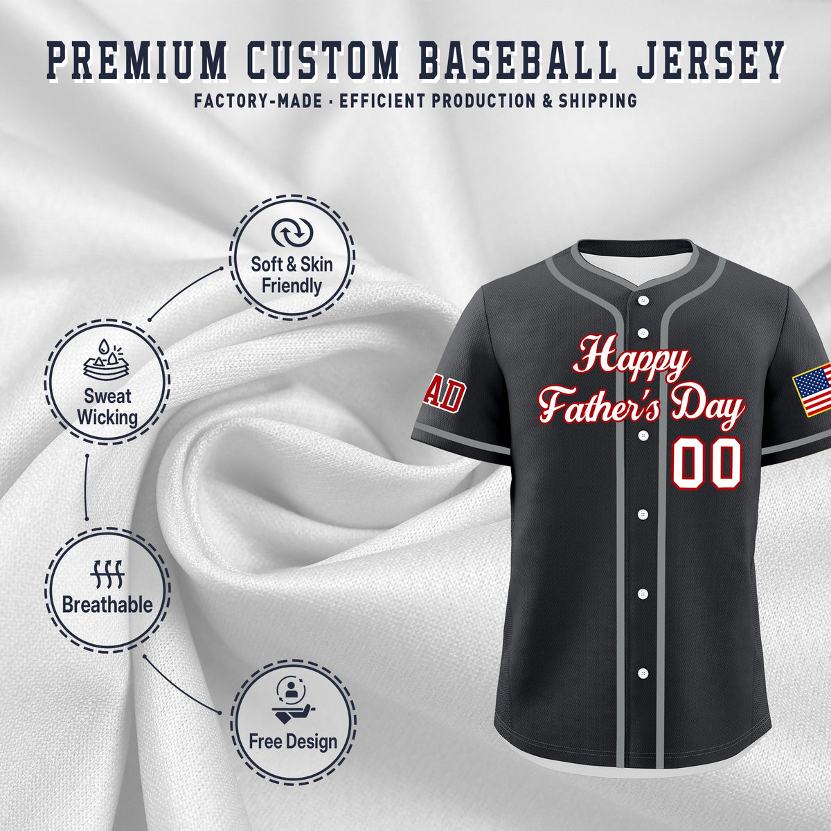 Custom Dark Gray White Red Classic Style Father's Day Quick Dry Baseball Jersey| KXKSHOP