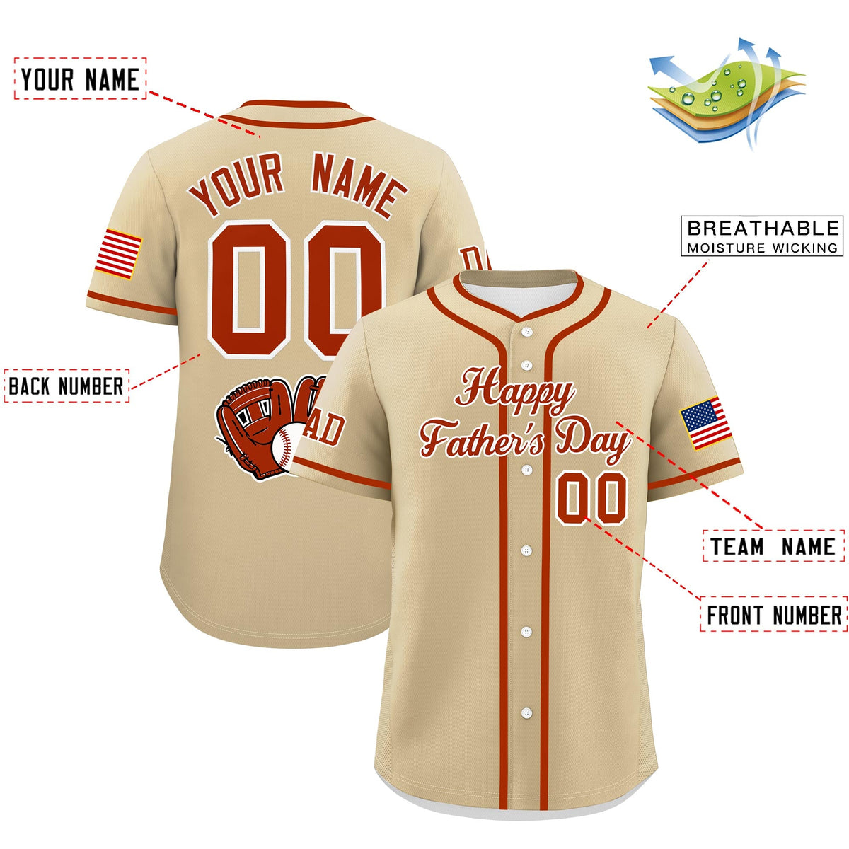 Custom Brazilian Sand Dark Orange White Classic Style Father's Day Quick Dry Baseball Jersey| KXKSHOP