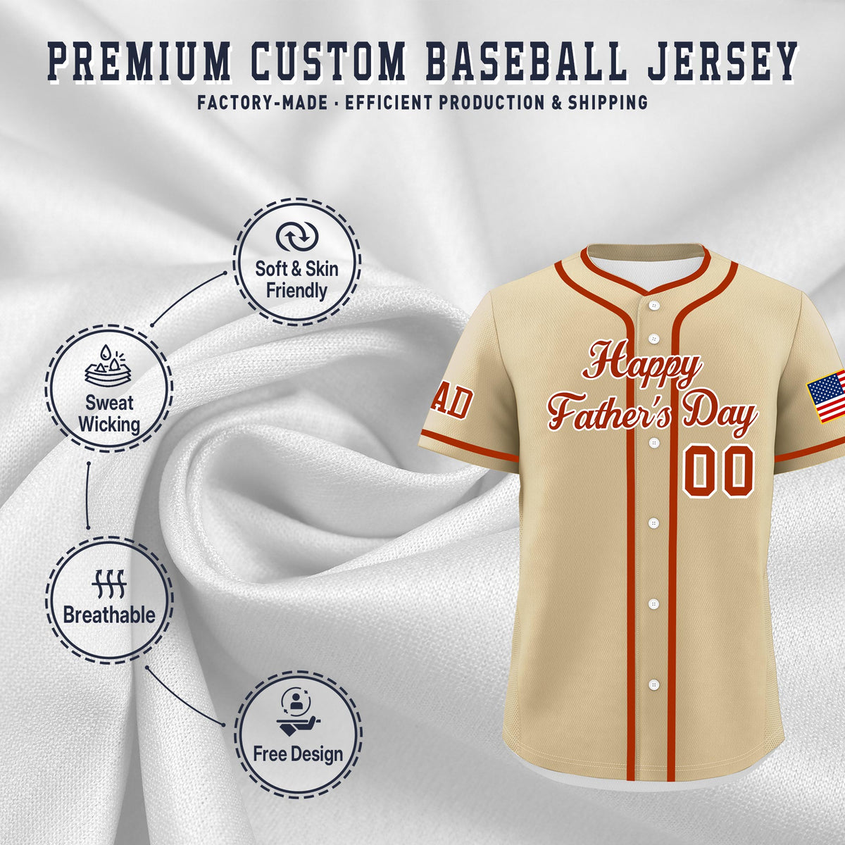 Custom Brazilian Sand Dark Orange White Classic Style Father's Day Quick Dry Baseball Jersey| KXKSHOP