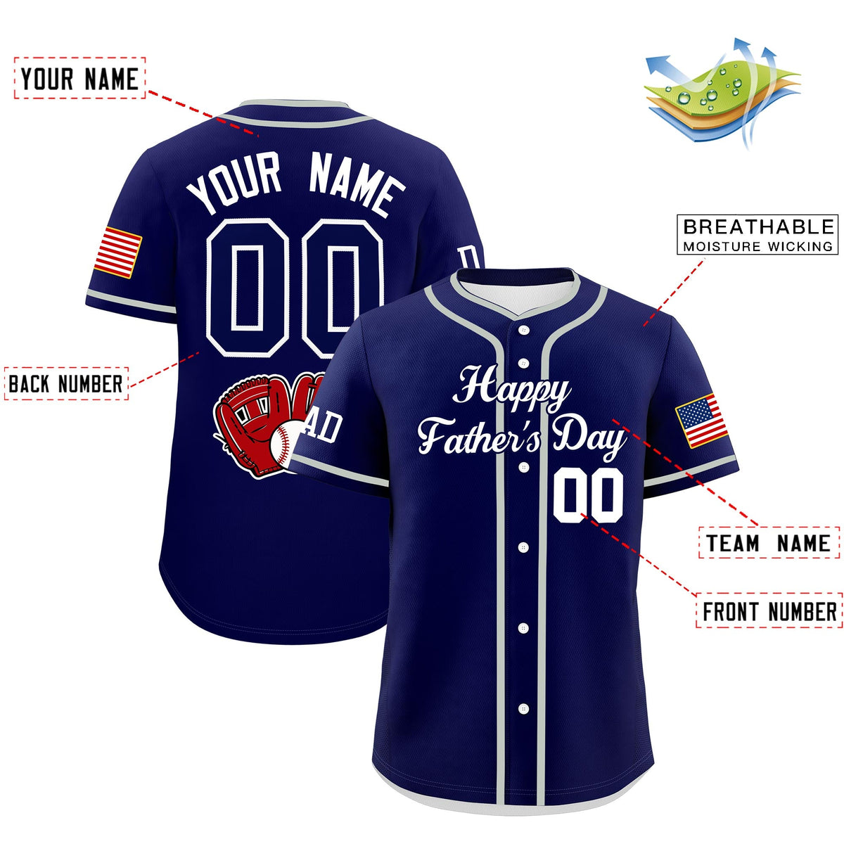 Custom Dark Blue White Classic Style Father's Day Quick Dry Baseball Jersey| KXKSHOP