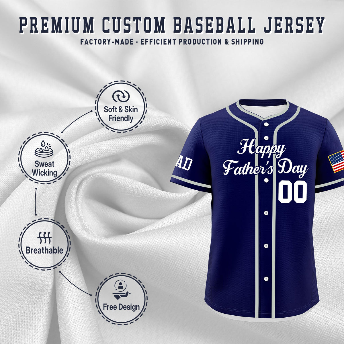 Custom Dark Blue White Classic Style Father's Day Quick Dry Baseball Jersey| KXKSHOP