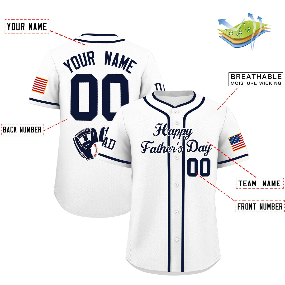 Custom White Navy Classic Style Father's Day Quick Dry Baseball Jersey| KXKSHOP