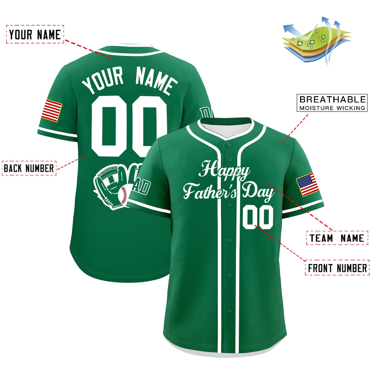 Custom Kelly Green White Classic Style Father's Day Quick Dry Baseball Jersey| KXKSHOP