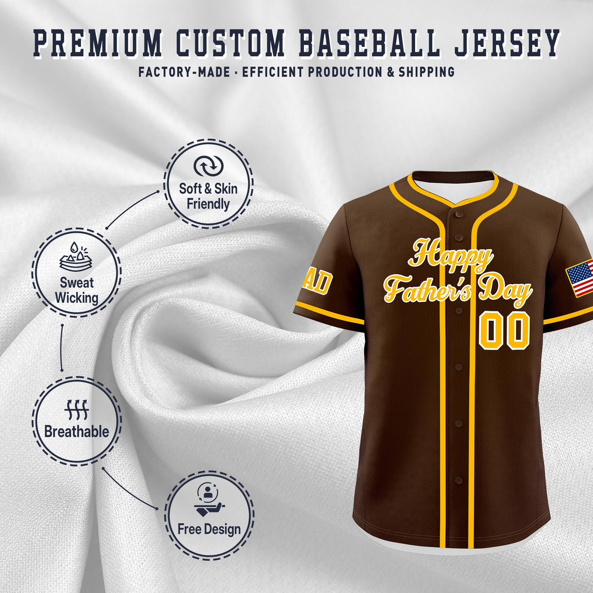 Custom Brown Yellow White Classic Style Father's Day Quick Dry Baseball Jersey| KXKSHOP
