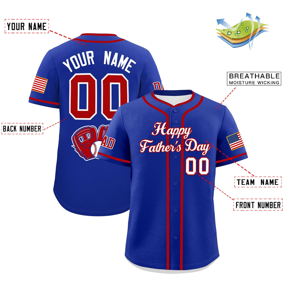 Custom Royal Blue White Red Classic Style Father's Day Quick Dry Baseball Jersey| KXKSHOP