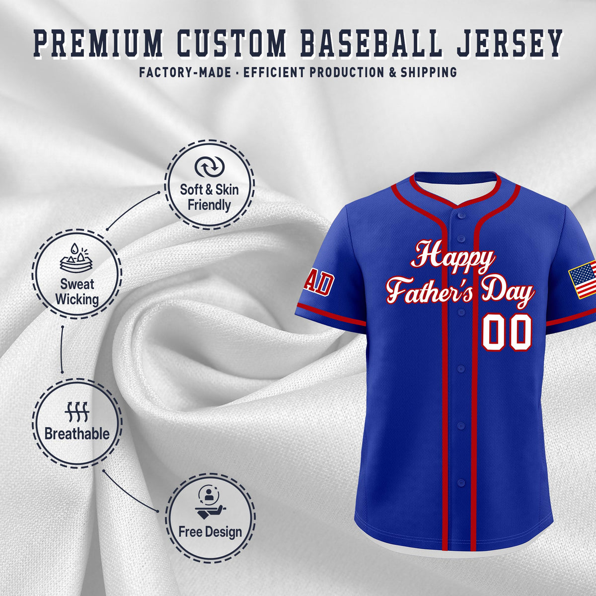 Custom Royal Blue White Red Classic Style Father's Day Quick Dry Baseball Jersey| KXKSHOP
