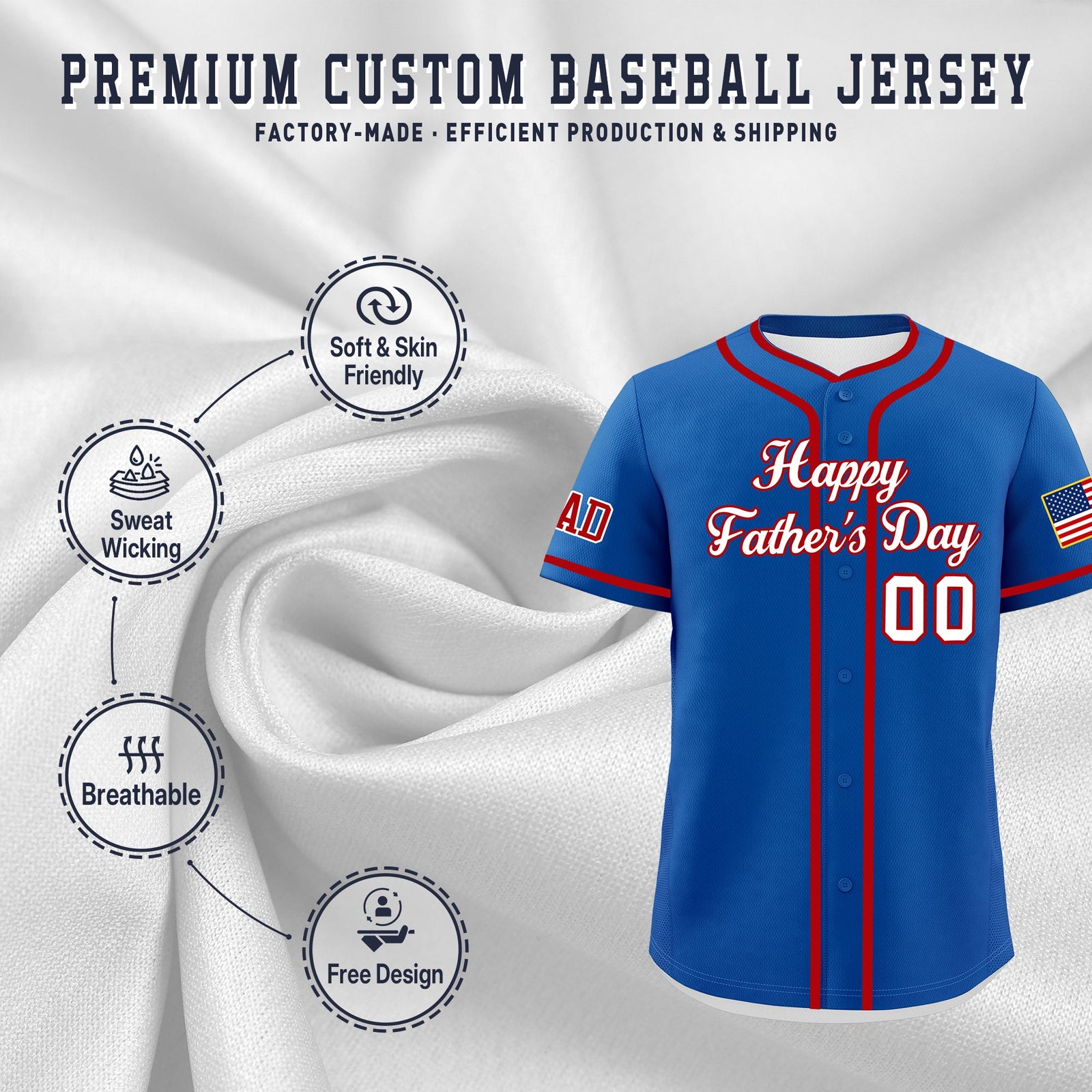 Custom Royal White Red Classic Style Father's Day Quick Dry Baseball Jersey| KXKSHOP