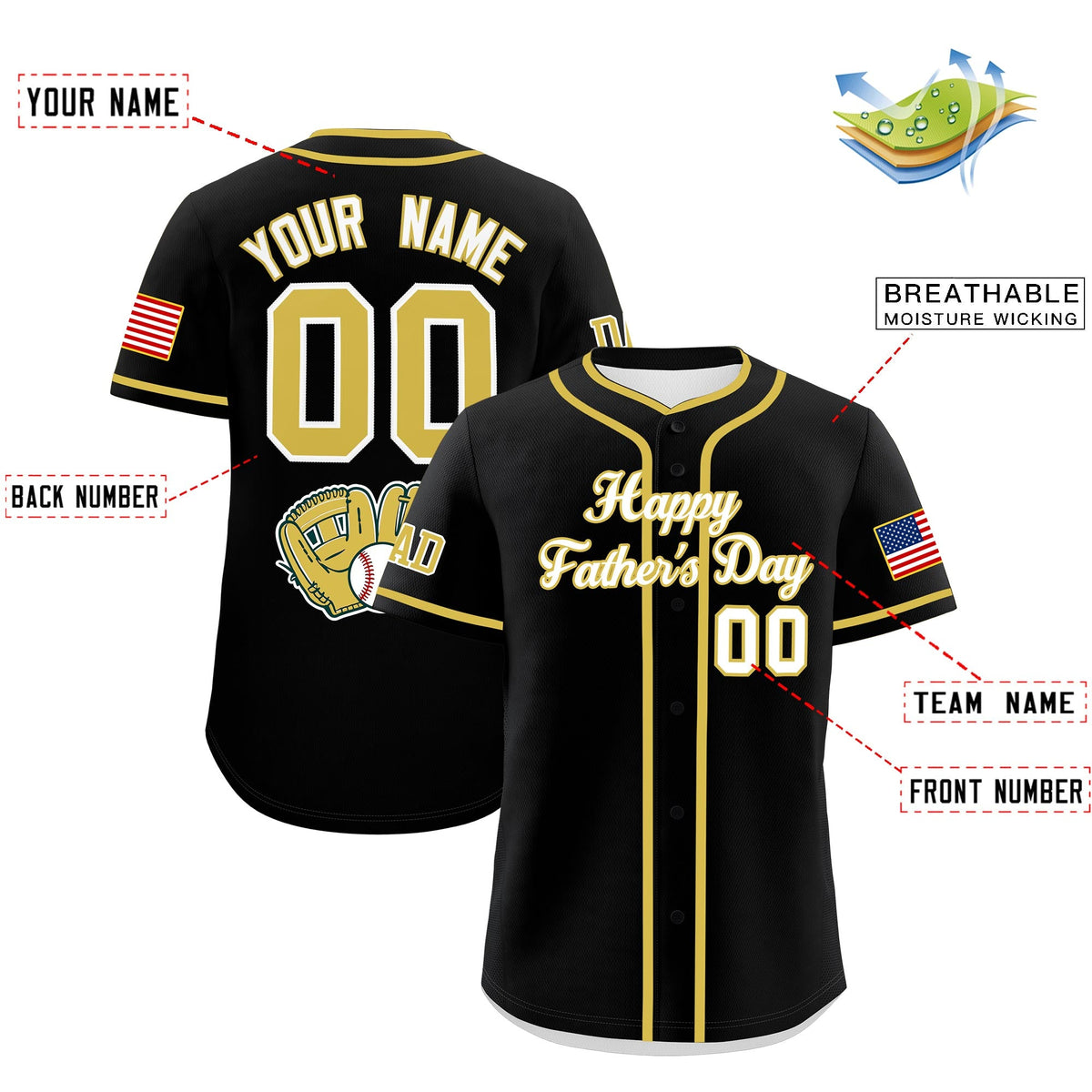 Custom Black White Old Gold Classic Style Father's Day Quick Dry Baseball Jersey| KXKSHOP