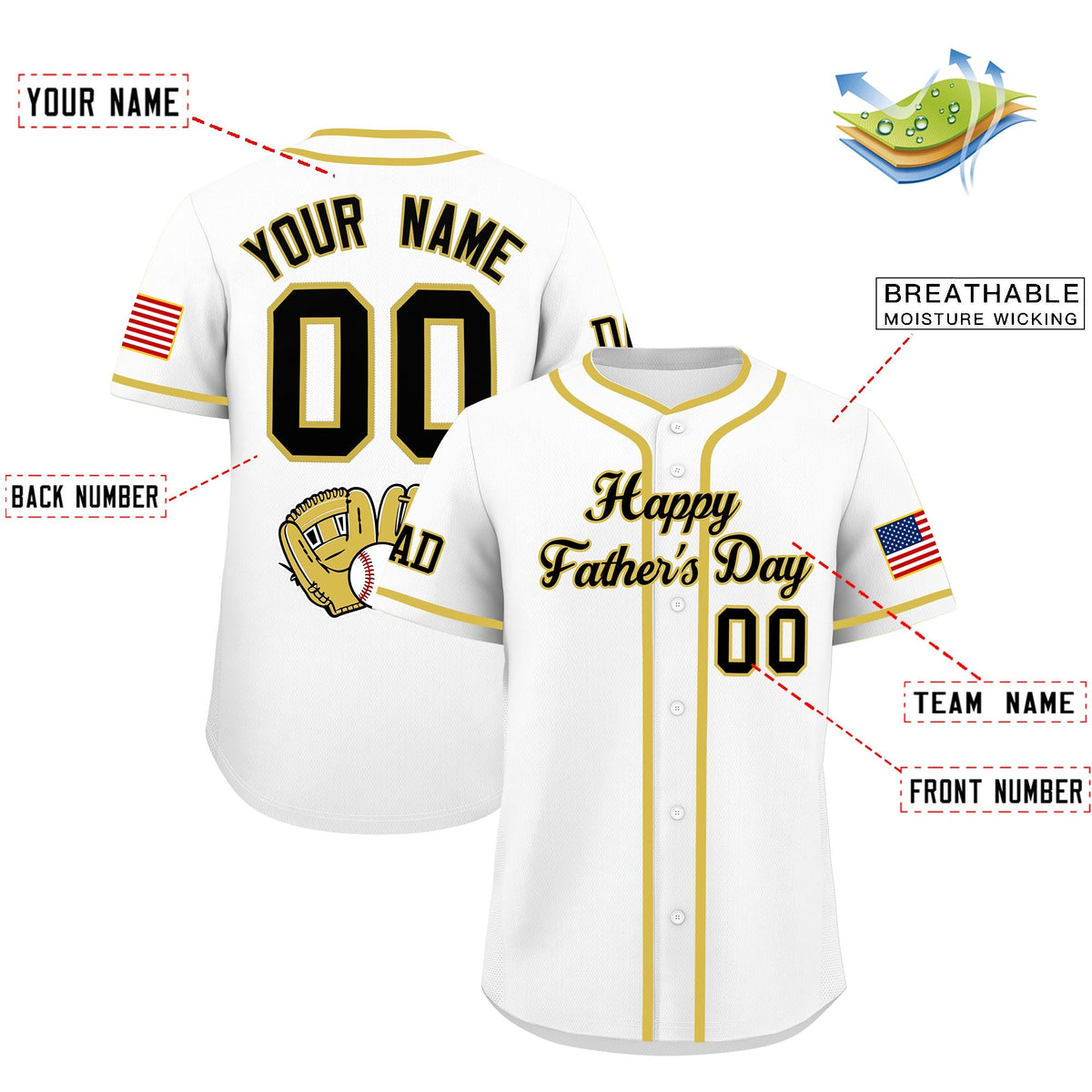 Custom White Black Old Gold Classic Style Father's Day Quick Dry Baseball Jersey| KXKSHOP