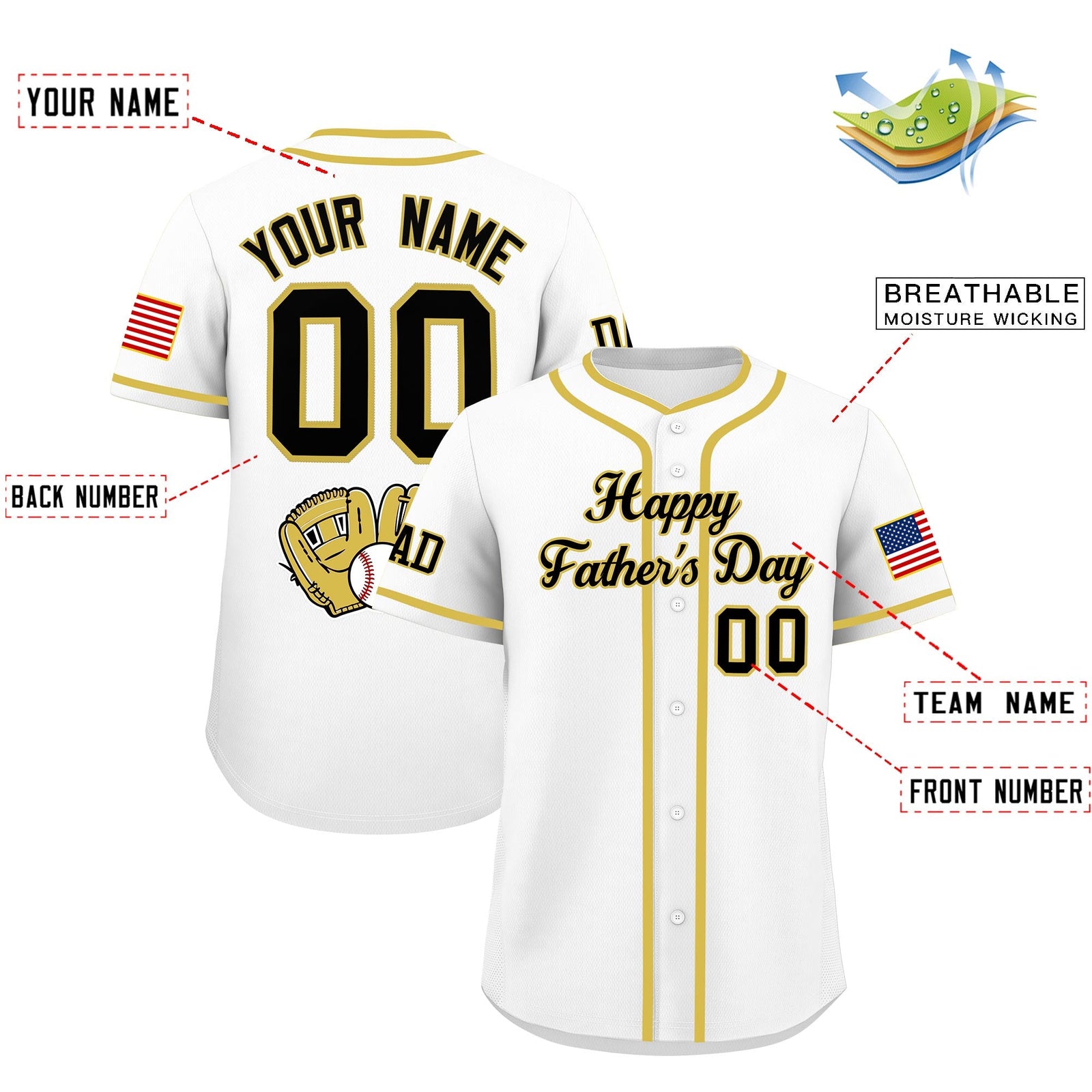 Custom White Black Old Gold Classic Style Father's Day Quick Dry Baseball Jersey| KXKSHOP