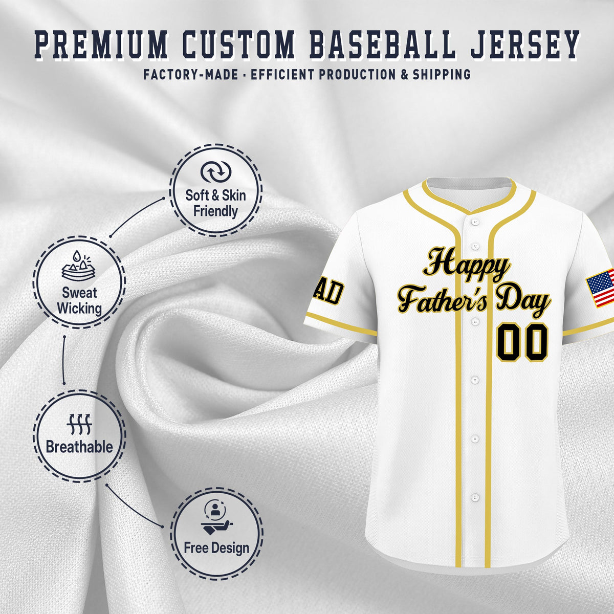 Custom White Black Old Gold Classic Style Father's Day Quick Dry Baseball Jersey| KXKSHOP