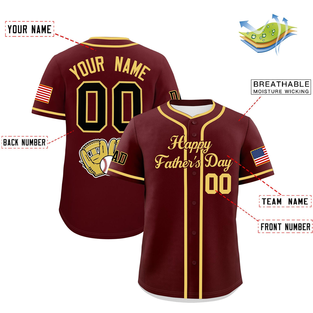 Custom Burgundy Khaki Classic Style Father's Day Quick Dry Baseball Jersey| KXKSHOP