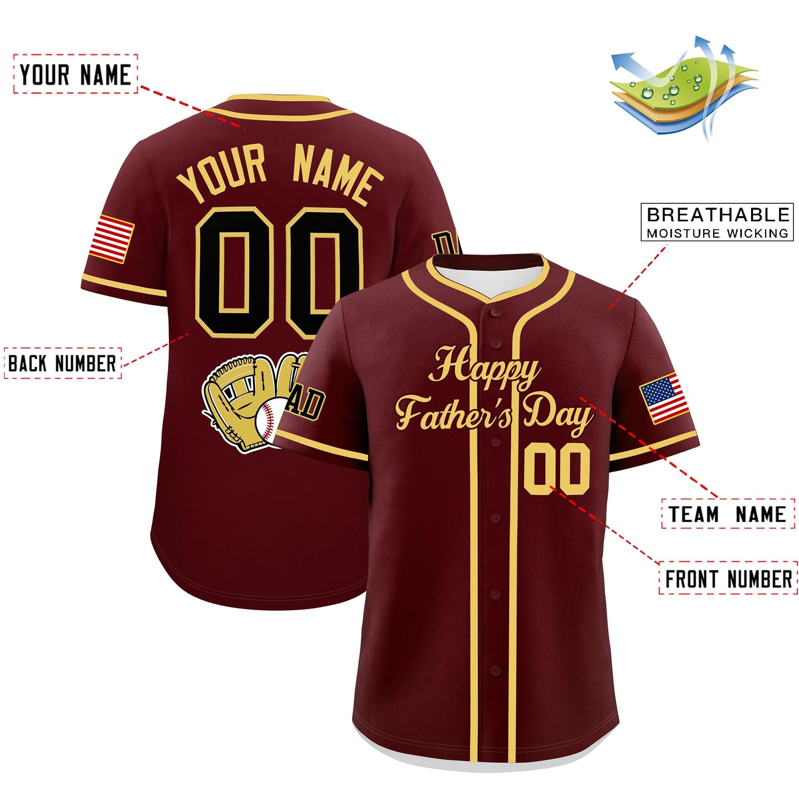 Custom Burgundy Khaki Classic Style Father's Day Quick Dry Baseball Jersey| KXKSHOP